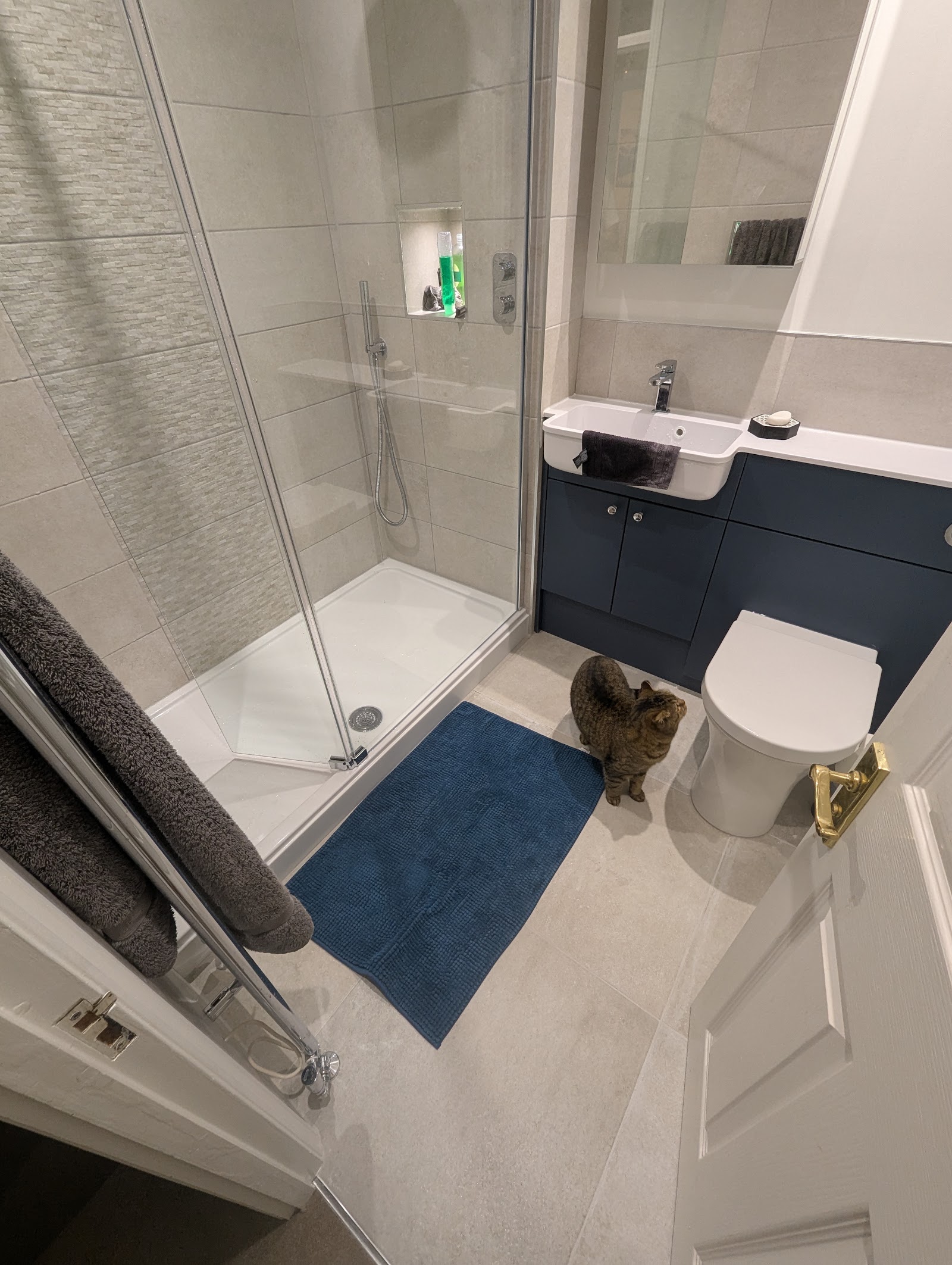 An en-suite with a navy vanity unit, corner shower enclosure and large-format stone-look tiling.